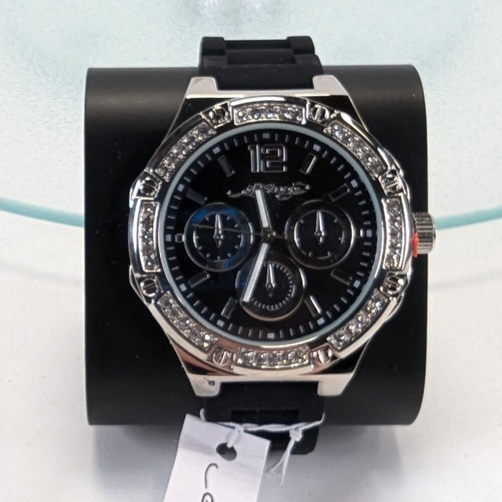 Ed Hardy Mens Black Dial Watch With Rhinestone Bezel & Silicone Strap NIB